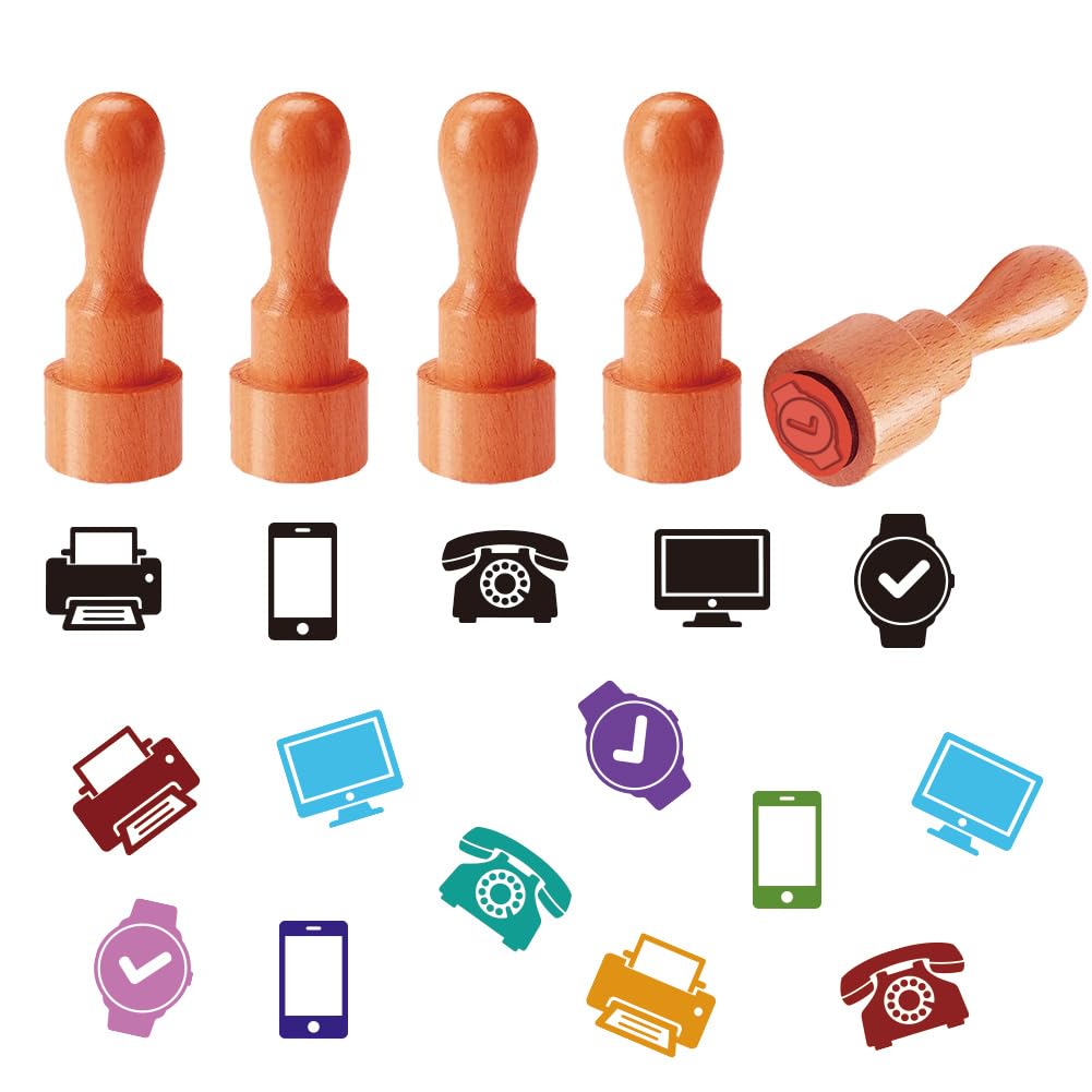 AHANDMAKER 5 Styles Mini Office Tech Wooden Rubber Stamp, Small Electronic Products Patterns Stamps for DIY Making Scrapbooking Card Stamping Pottery Clay Crafting