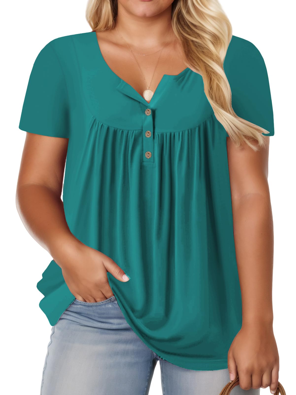 ROSRISS Womens-Plus-Size-Tops-Summer Buttons Up Henley Shirts V Neck Blouses Flowy Pleated Tunics Tee