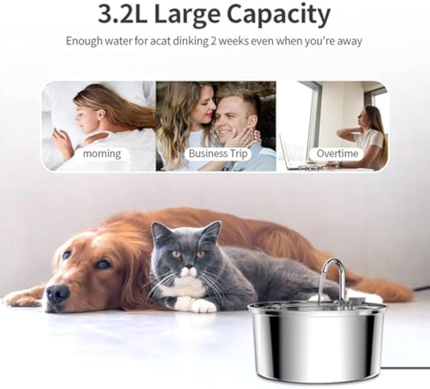 Water Fountain, 3.2l/7l Dog Water Bowl Dispenser, Super Quiet Stainless Steel Dog Fountain Water Bowl for Small Dogs Cats & Medium and Large Animals (Silver, 3.2L-with 10 Filter Element) - image 4