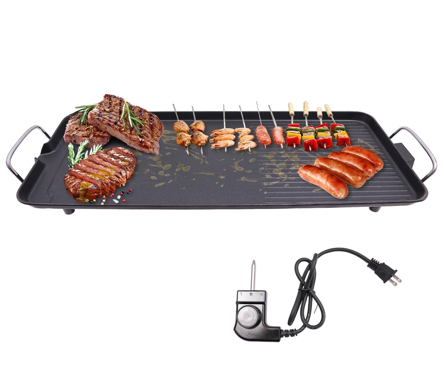 ZERNEIL Indoor Outdoor Grill, 1500W 110V Electric Barbecue Grill, 26.77×11.02in Electric Grill Griddle with Handles, Adjustable Temperature, Countertop Griddle for Outdoor Camping Backyard