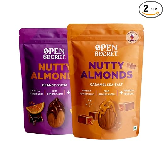 Open Secret Almonds Combo-Caramel Sea Salt & Orange Cocoa |Pack of 2(135g each) |Gift hamper for Eid/Ramadan/Ramzan|No Refined Sugar, No Oil, No Trans Fat |Roasted & Sweet Dry Fruits |Immunity Booster