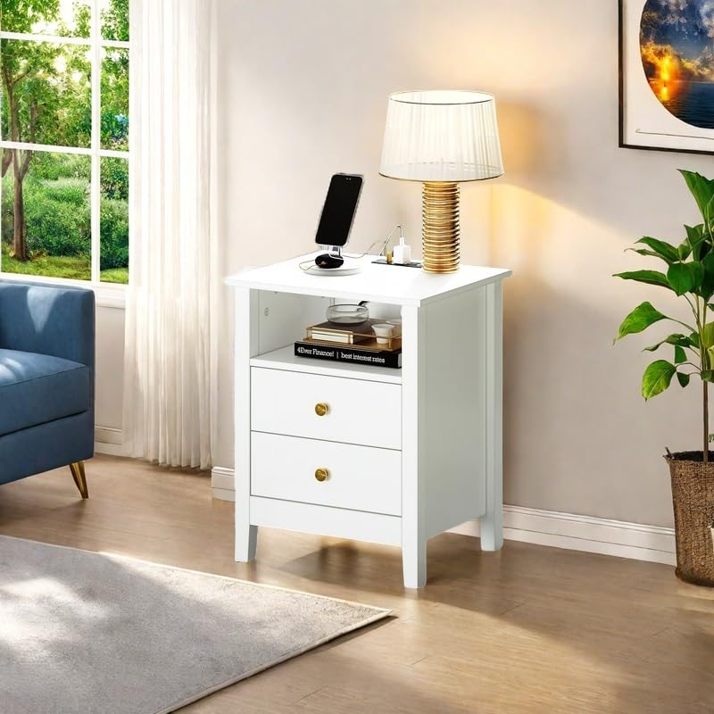 DWVO Set of 2 Nightstand with Charging Station, Night Stands with 2 Drawers, Wooden Modern Bedside Table for Bedroom, White