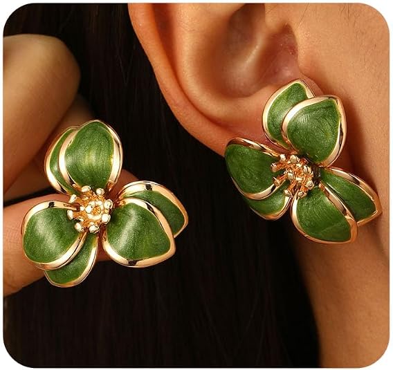 Enamel Flower Studs Earrings for Women,Cute Green Large Petal Drop Earrings Enamel Flower Studs Earrings for Women,Cute Green Large Petal Drop Earrings - Must-Have Tropical Print Maxi Skirts for Summer