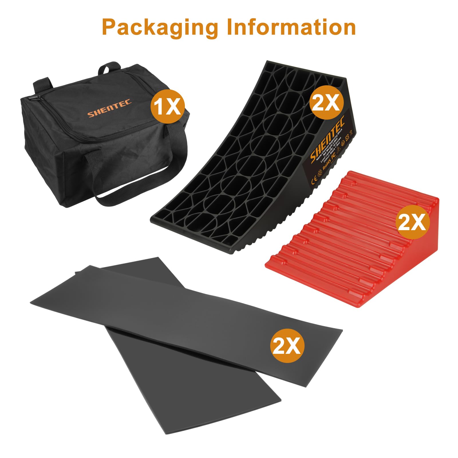 Shentec Set di 2 Cunei di bilanciamento per Camper e roulotte, Fino a 16 tonnellate, con 2 Cunei del Freno, Borsa per Il Trasporto, 2 tappetini Antiscivolo, Cunei per gradini in plastica