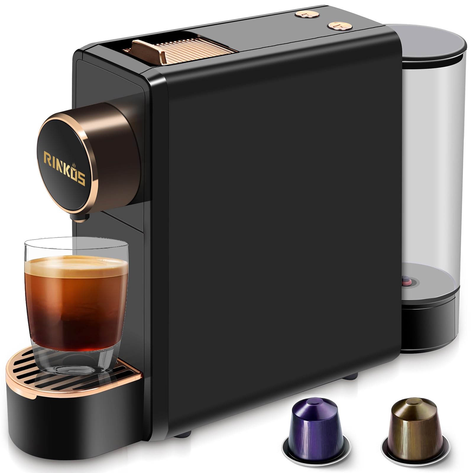 Rinkos Black Espresso Machine for Nespresso Compatible Capsule, Single Serve Coffee Maker Programmable for Espresso Pods, Premium Italian 20 Bar High Pressure Pump ?Mini Coffee and Espresso Machine
