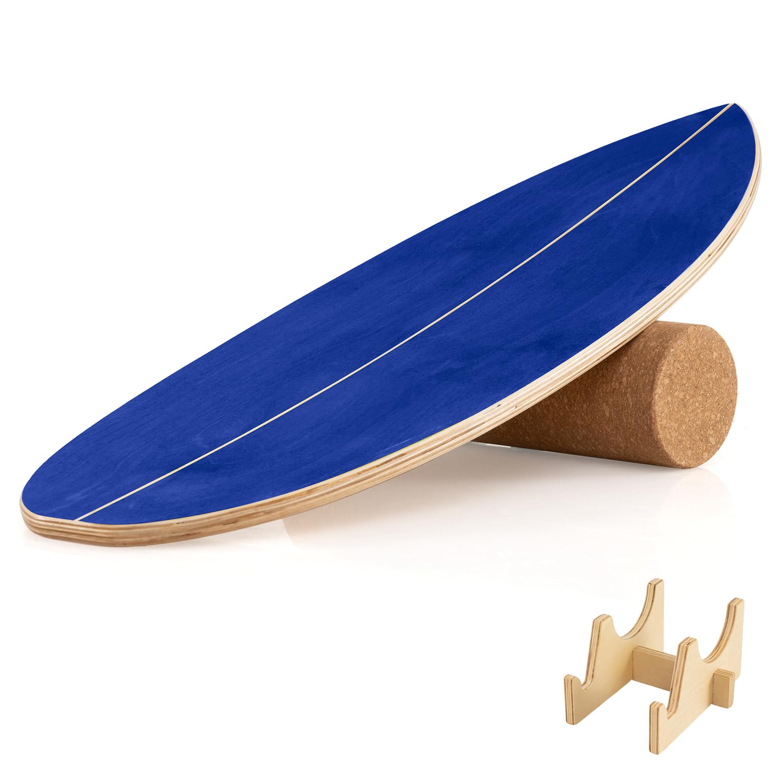 COSTWAY Wooden Balance Board, Surfing Skate Balance Trainer with Roller, Yoga Fitness Training Boards for Core Strength Body Coordination (Blue)