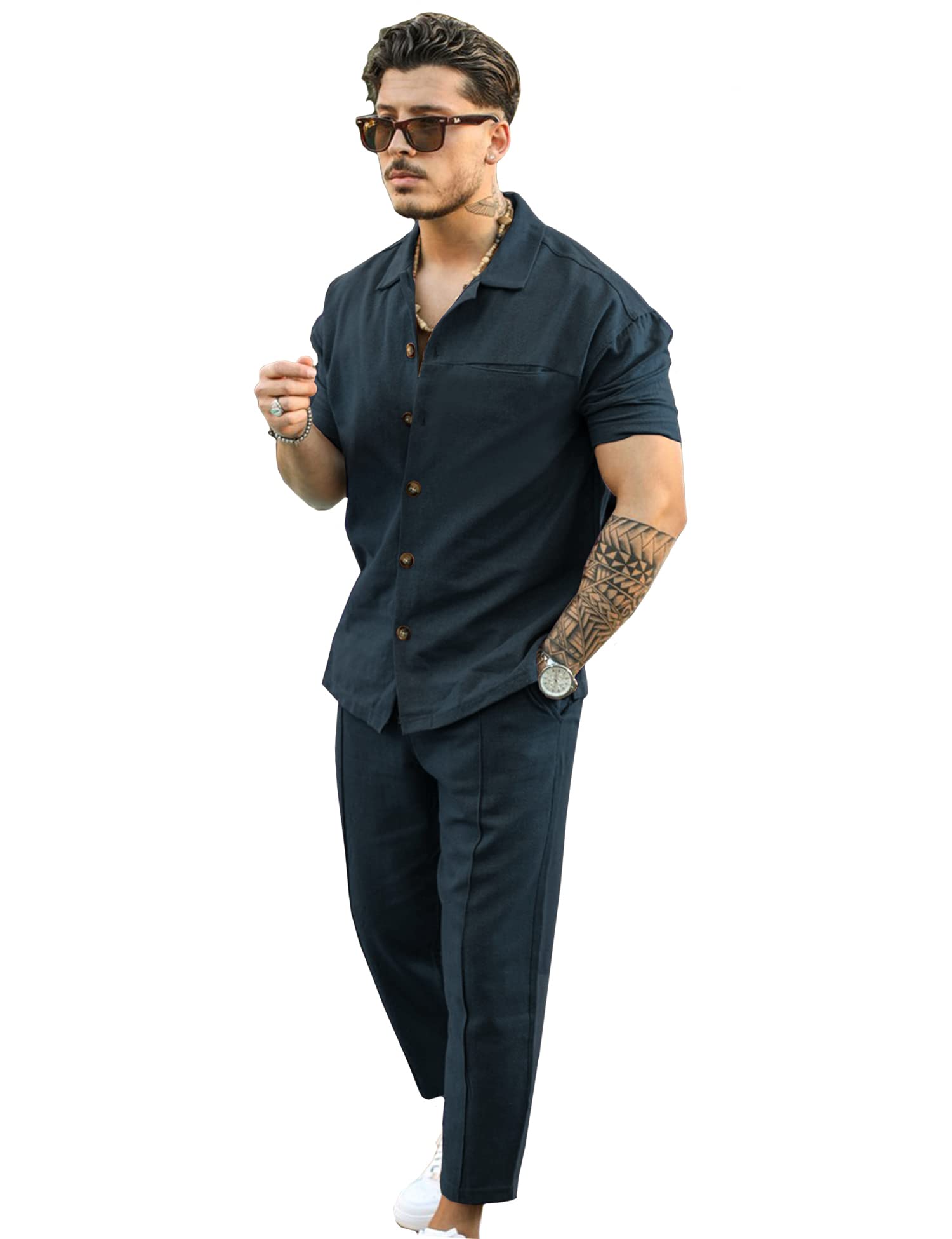 CHOMOLEZAMen's 2 Pieces Shirt Set Short Sleeve Button Down Shirt Beach Pants