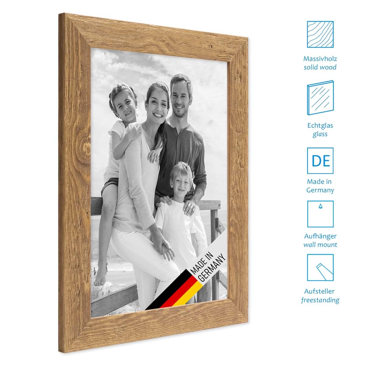 PHOTOLINI Bilderrahmen-Set Holz Eiche-Optik, 12er Rahmenset Echtholz-Rahmen rustikal, Strandhaus, Made in Germany, Echtglas, zum Aufhängen, extra Zubehör - Treibholzlook mit einem Hauch Küstenflair