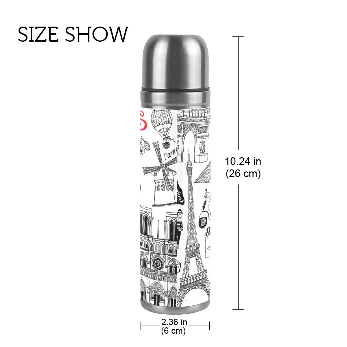 Taza de viaje aislada al vacío de acero inoxidable con doble pared a prueba de fugas, botella de taza con diseño de París, impresión personalizada impresa en piel auténtica, termo de 500 ml