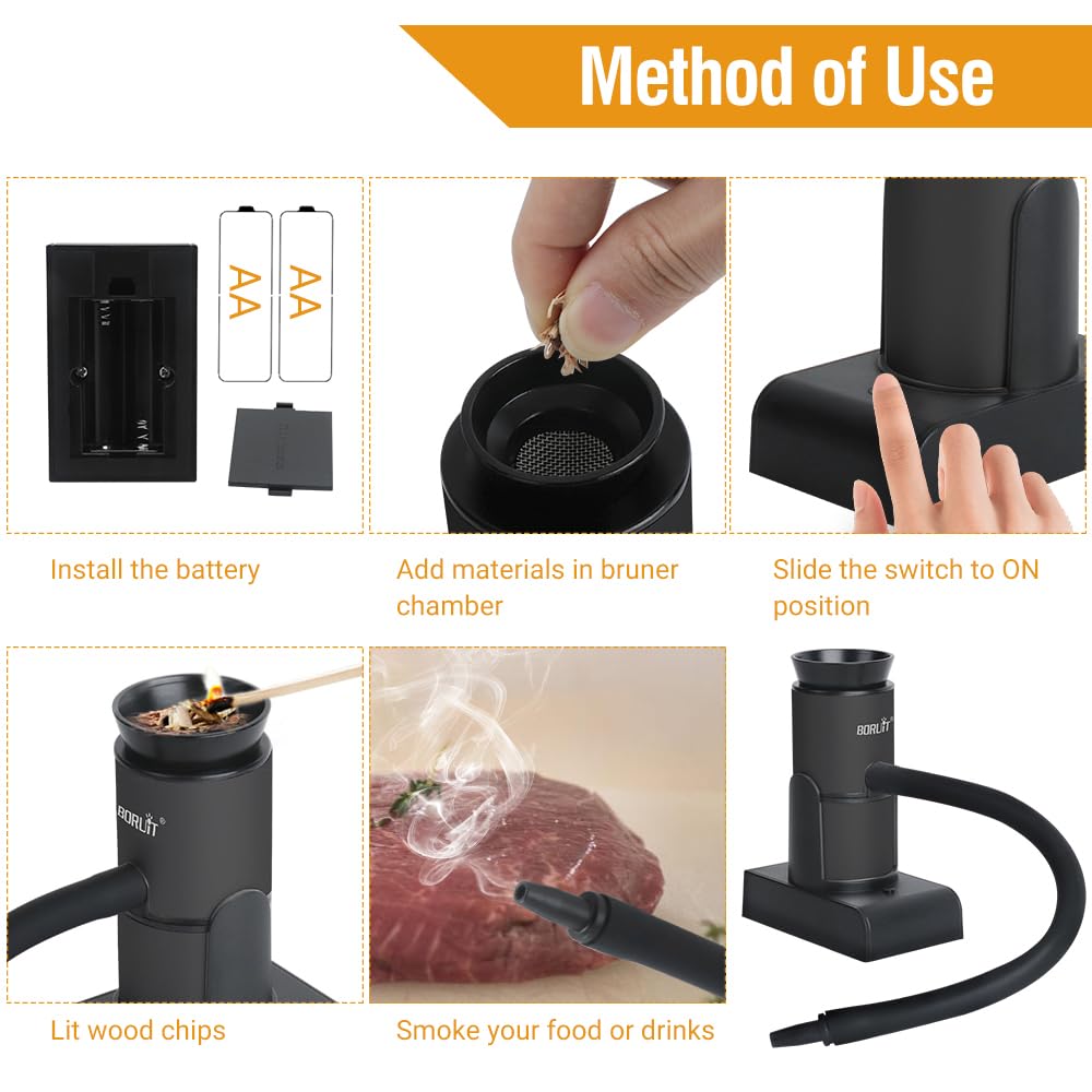 BORUIT Smoke Gun, Portable Fumeurs Cocktail Fumé Rempli de Copeaux de Bois, Nourriture Cuisine Viande Smoker Saumon Cocktail Fromage Barbecue, Parfait Cadeau Gourmand