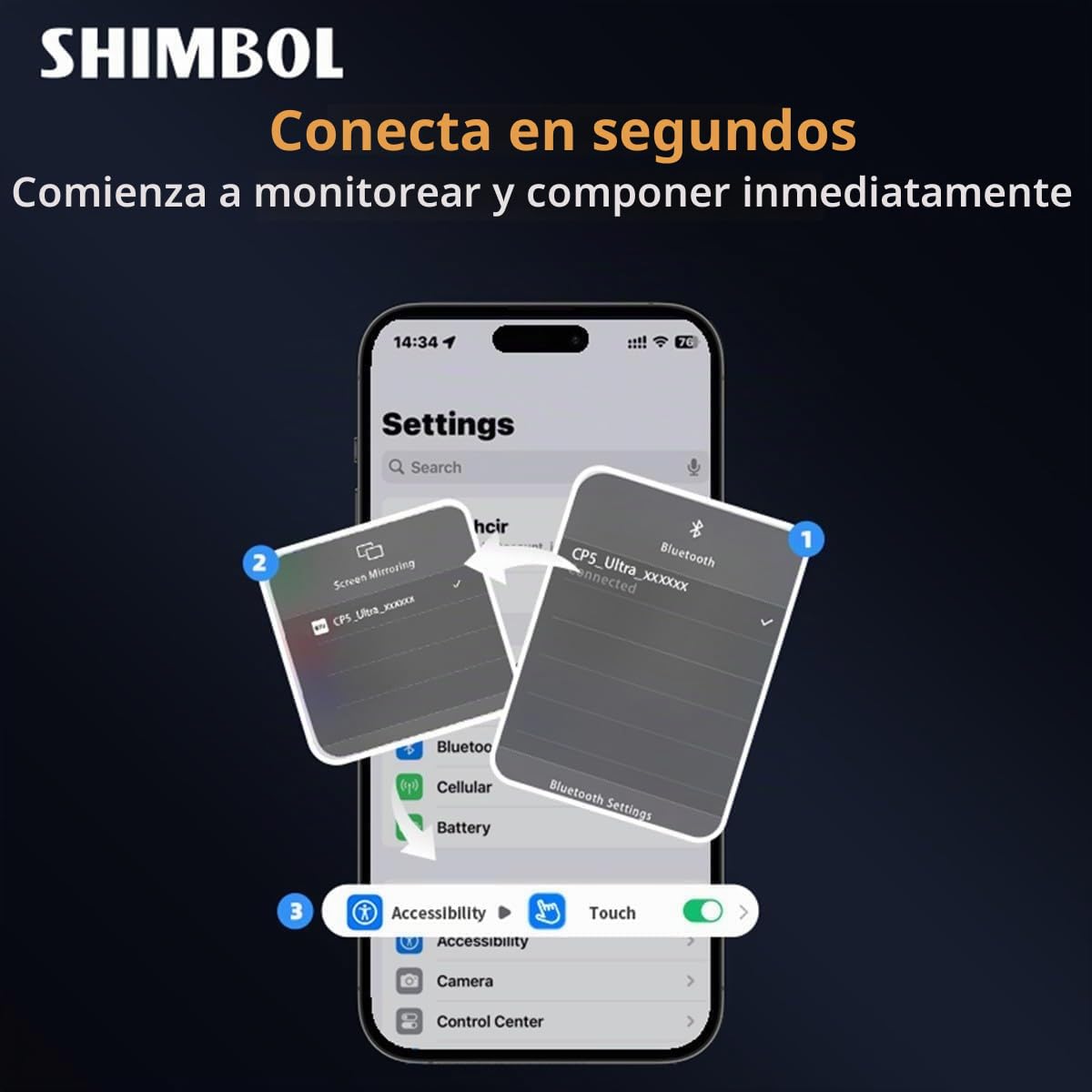 Shimbol CP5 Ultra Monitor Selfie Táctil HD de 5'' 1080P para iPhone&Android | Grabación Inalámbrica, Bluetooth Control Remoto, Control Reverso, Espejo Retrovisor para Transmisiones en Tiktok (Negro)