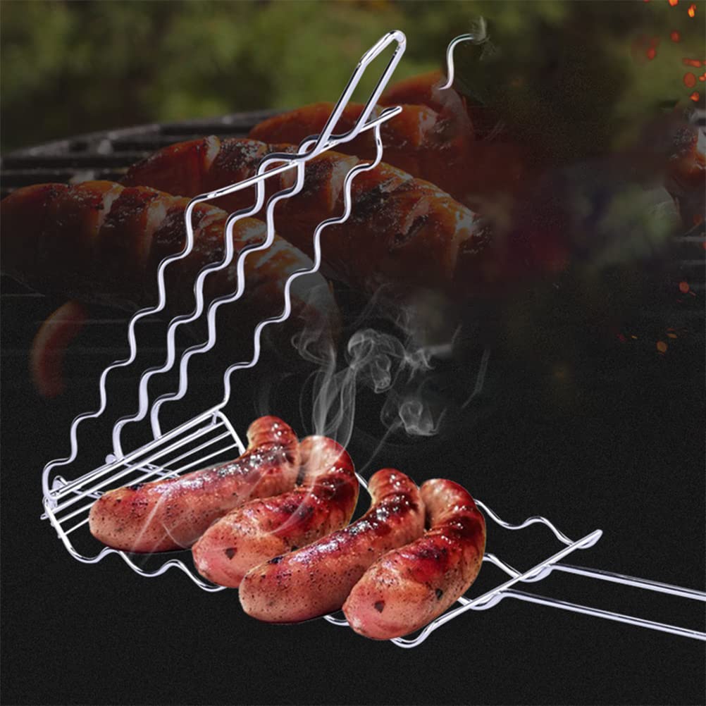 Cestello Porta Salsicce Per Barbecue In Metallo, 55x12x3 Cm, Manico In Legno Pieghevole, Per Griglia, 6 Hot Dog - 4