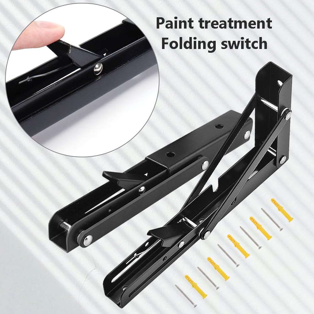Hocansen 2Pcs Metal Foldable Brackets L Shelf Collapsible Brackets Black Wall Mounted Shelf Bracket Max Load 132 lb Collapsible Shelf Bracket for Table Bookcase (ZDJ/Black 250mm) - Image 3