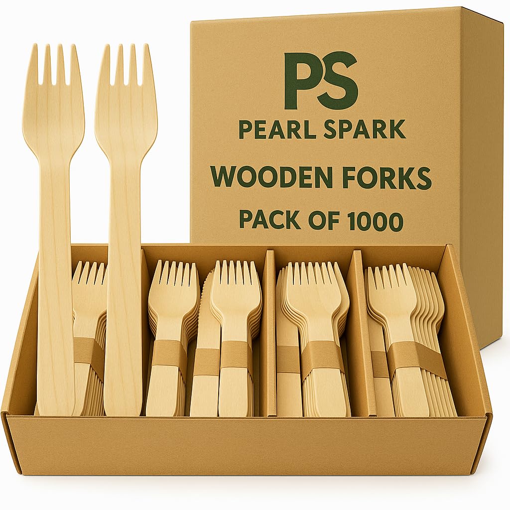Wooden Forks 1000 Pack | 100% Biodegradable & Compostable Disposable Cutlery - Strong Eco Friendly Natural Wood Forks for Parties, BBQs, Takeaway & Everyday Use | Pearl Spark