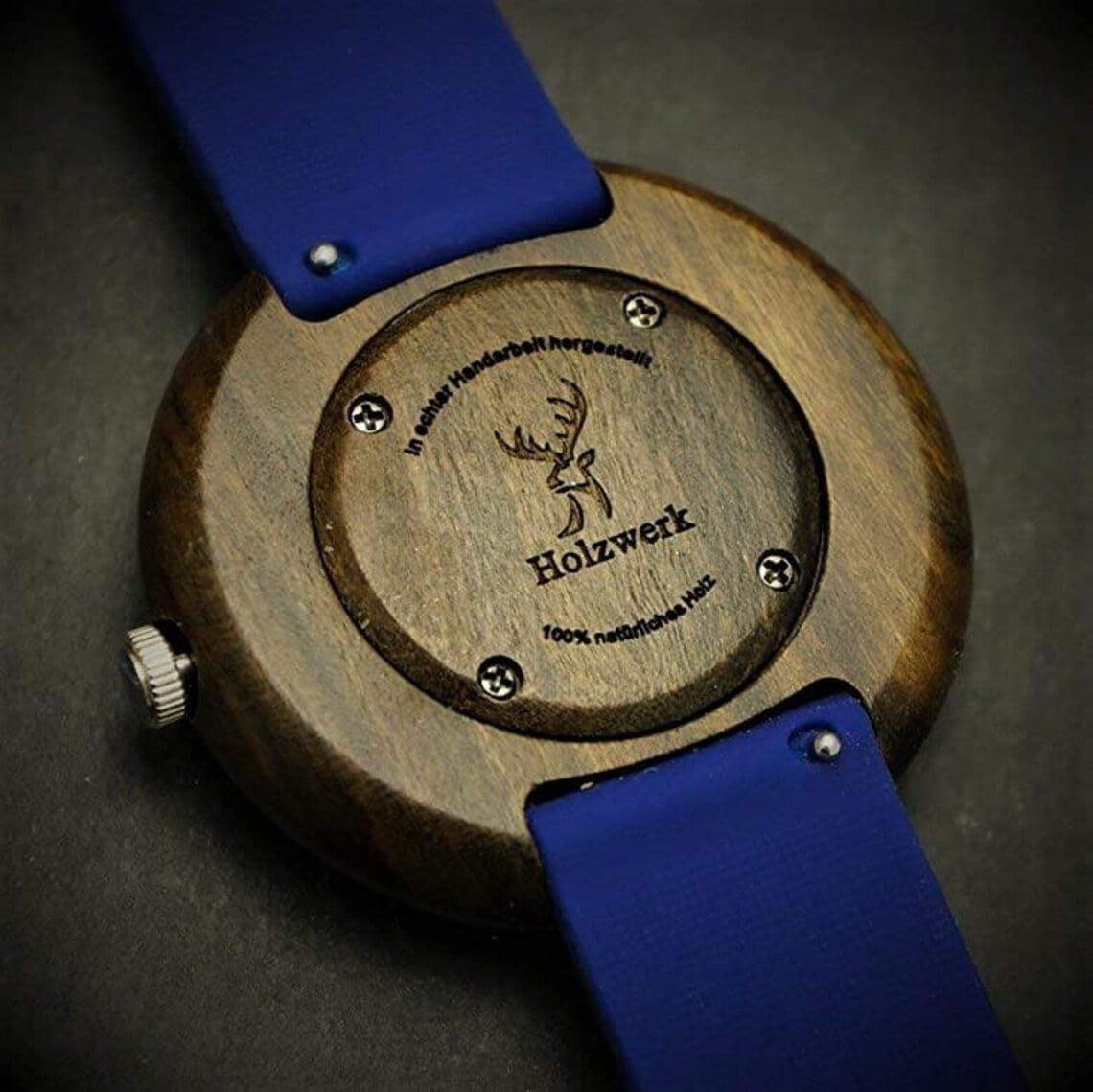 Holzwerk Germany Orologio da polso realizzato a mano, da donna, ecologico, naturale, vegano, in legno, analogico, classico, al quarzo, con cinturino in caucciù e cassa in legno, colore: blu e marrone