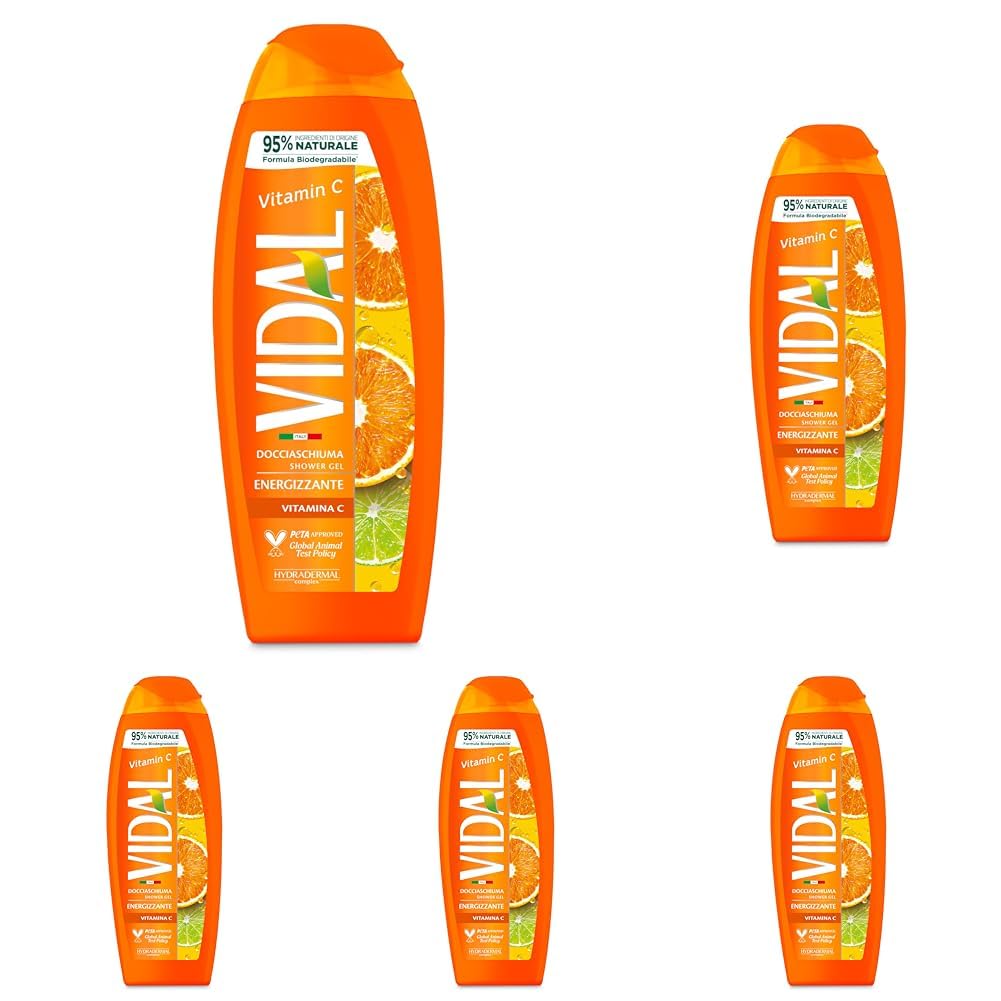 Vidal - Docciaschiuma Vitamina C, Formula Energizzante, Fragranza di Arancia e Lime, Dermatologicamente Testato, 250ml (Confezione da 5)
