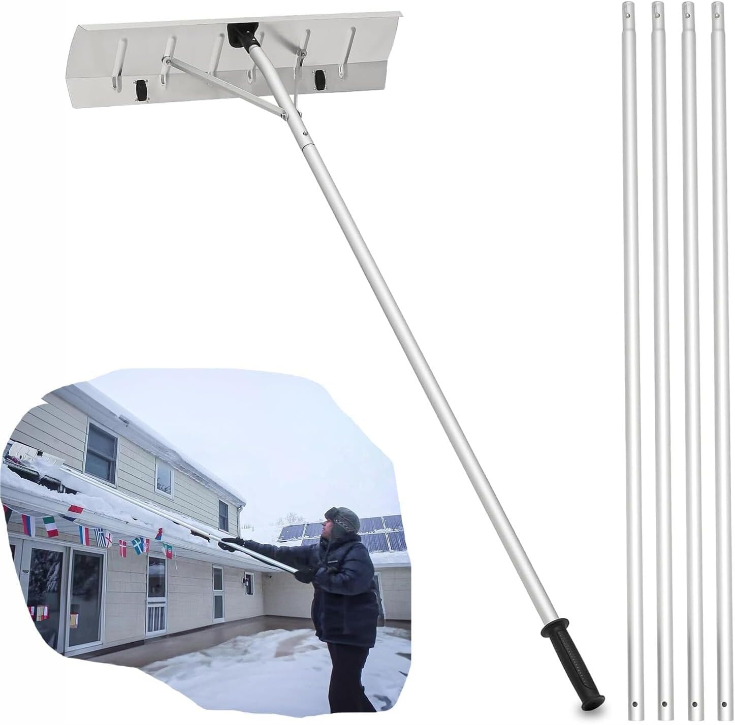 Roof Rake, 4.9-20.5FT Extendable Aluminum Snowroof Rake, 25.4mm Diameter, Anti-Slip Snow Removal Tool with 2.2-0.5 Feet Blade and 5-Section Tubes(A)