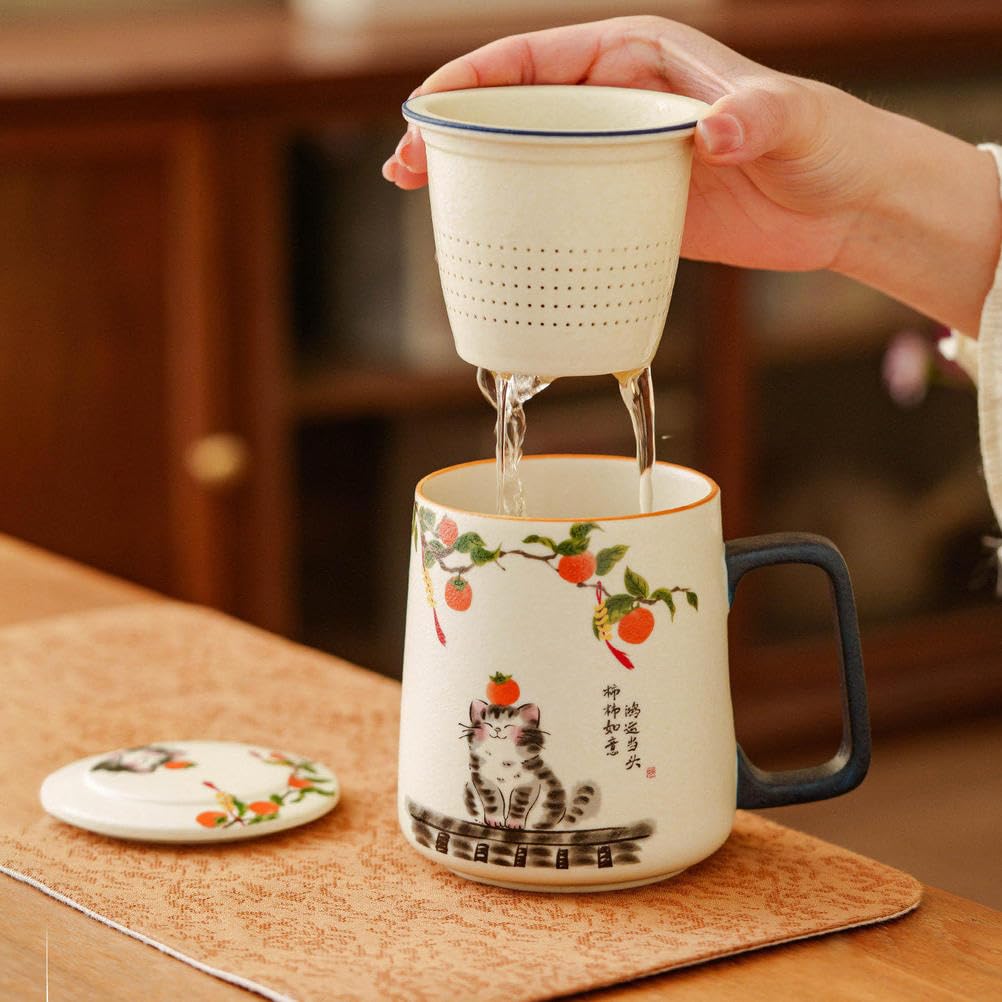 Tasse à thé en céramique avec Couvercle et infuseur, Tasse de Bureau Mignonne en Forme de Chat et Kaki