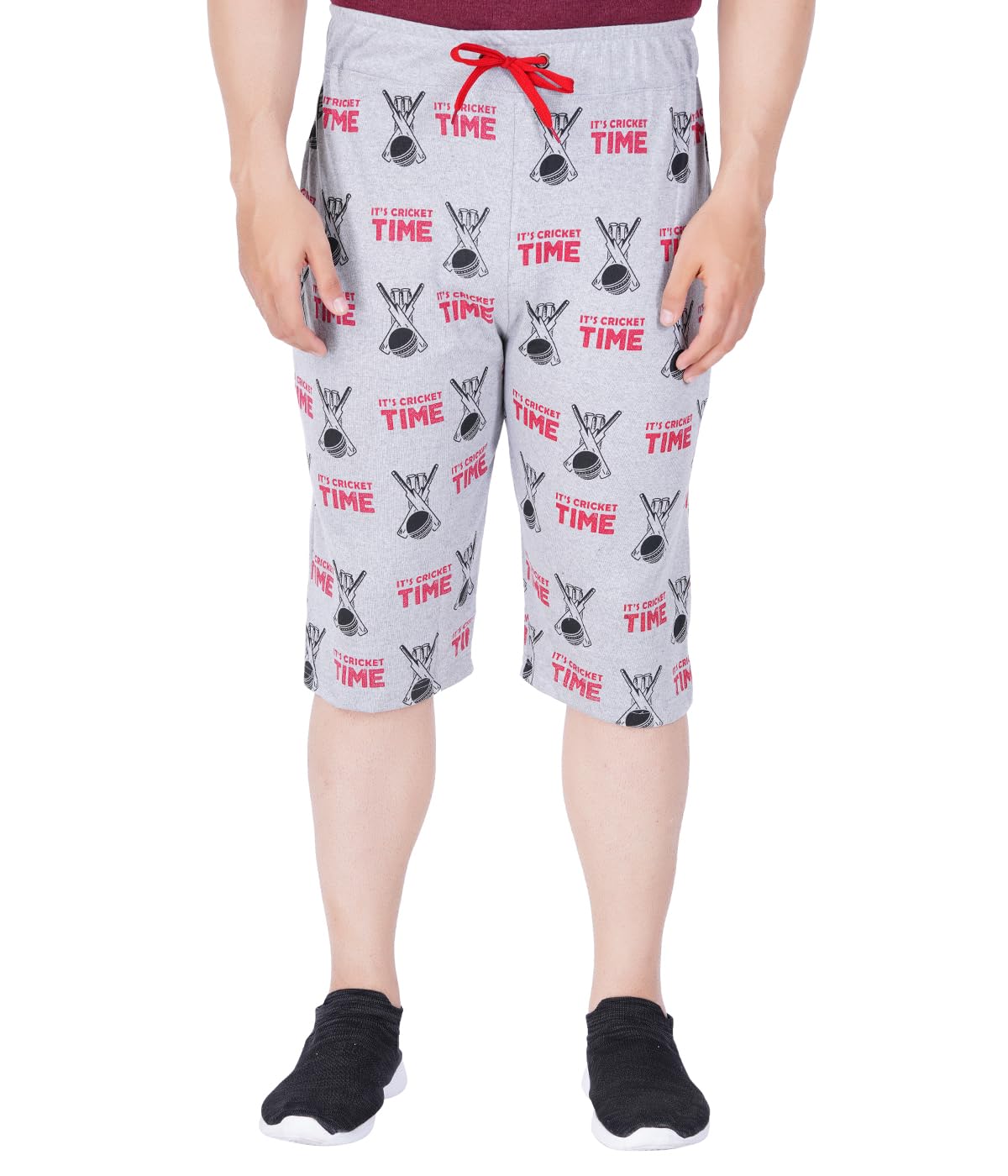 Men's Cricket Club Printed Capri Shorts, Grey and Blue, Cotton Blend, Drawstring Waist, Casual Sports Wear, Knee Length-image-26
