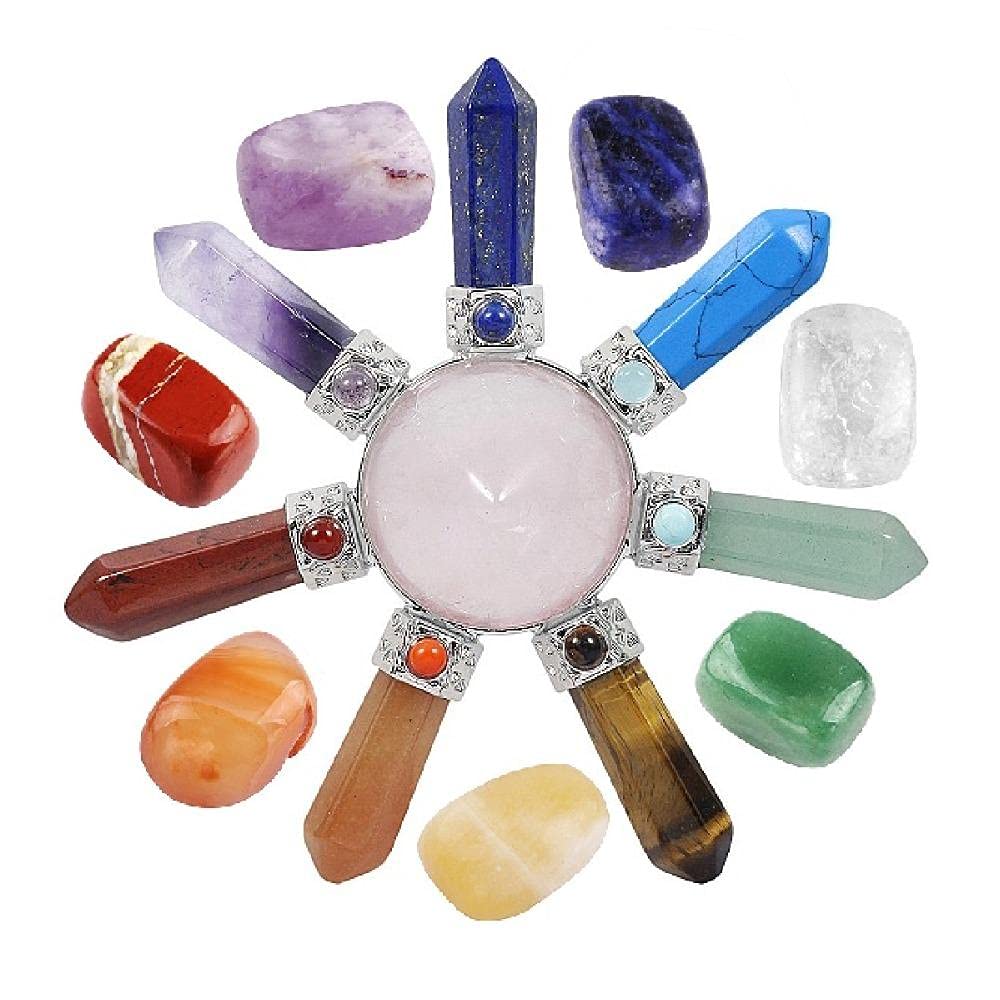 Kit de cristales, 7 piedras de chakra y 7 puntos de Cono de Chakra Generador de energía para Reiki, conjunto de meditación de equilibrio-Conjunto de cuarzo rosa