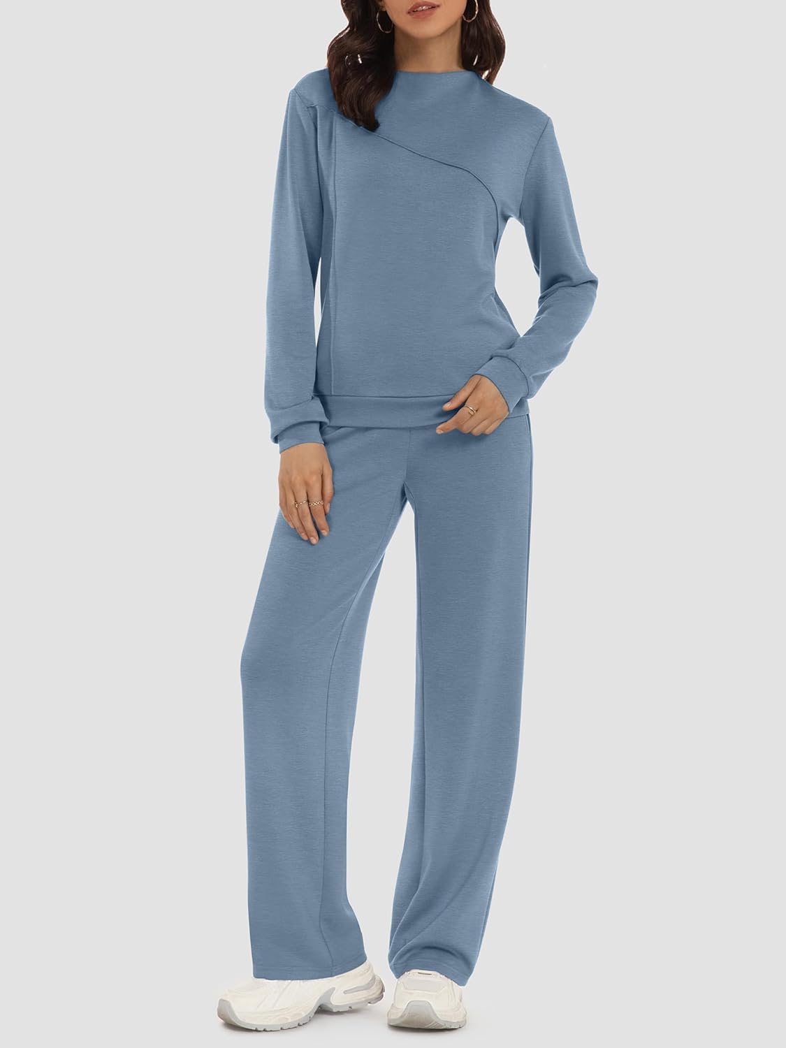 Casly Lamiit Womens Loungewear Set Two Piece Casual Outfits Mock Neck Pullover Tops Wide Leg Sweatpants Sets 2025 Fall Winter Chothes Blue Grey L - Image 2