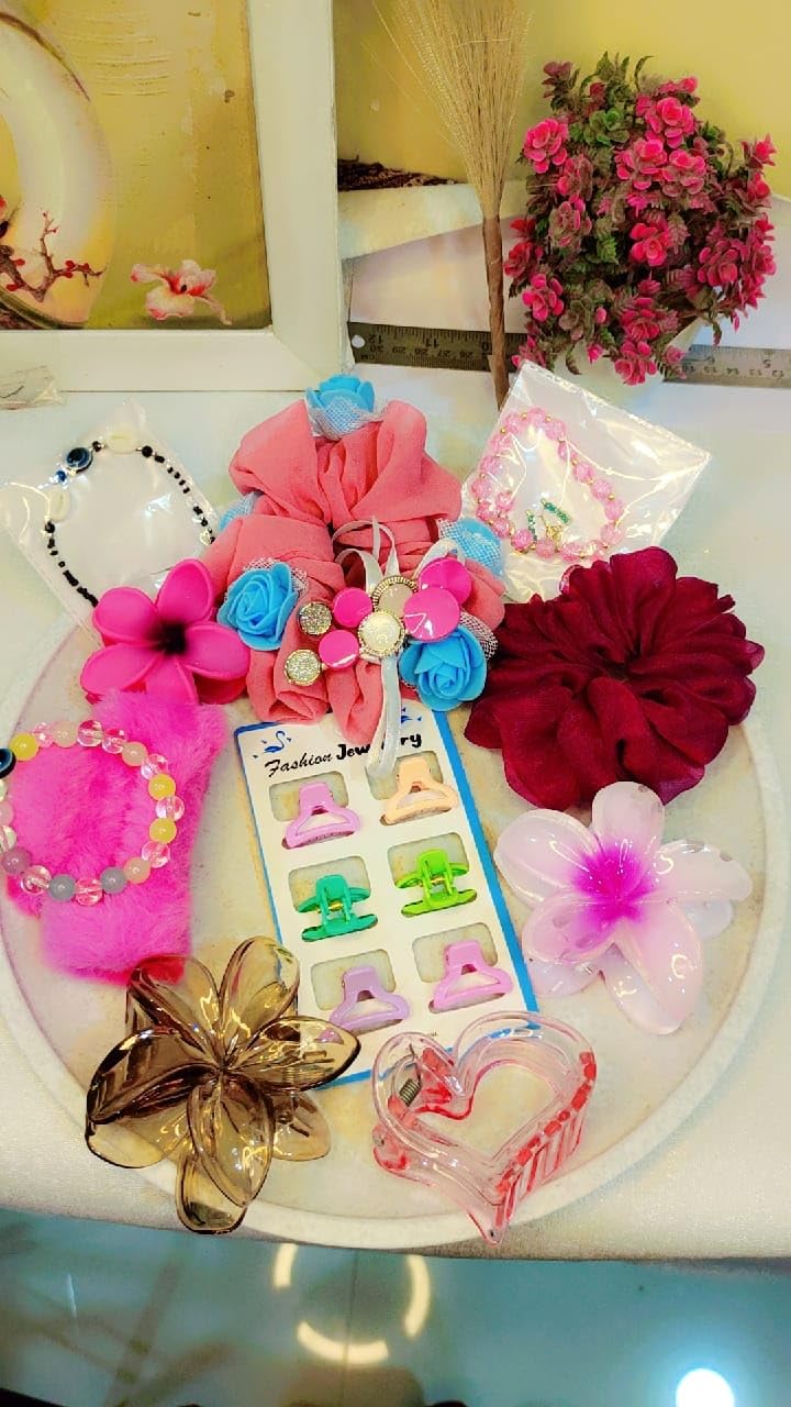 Floral Hair Accessories Set with Roses, Beads and Butterfly Clips, Pink and Blue Colours, Fashion Jewellery-image-12