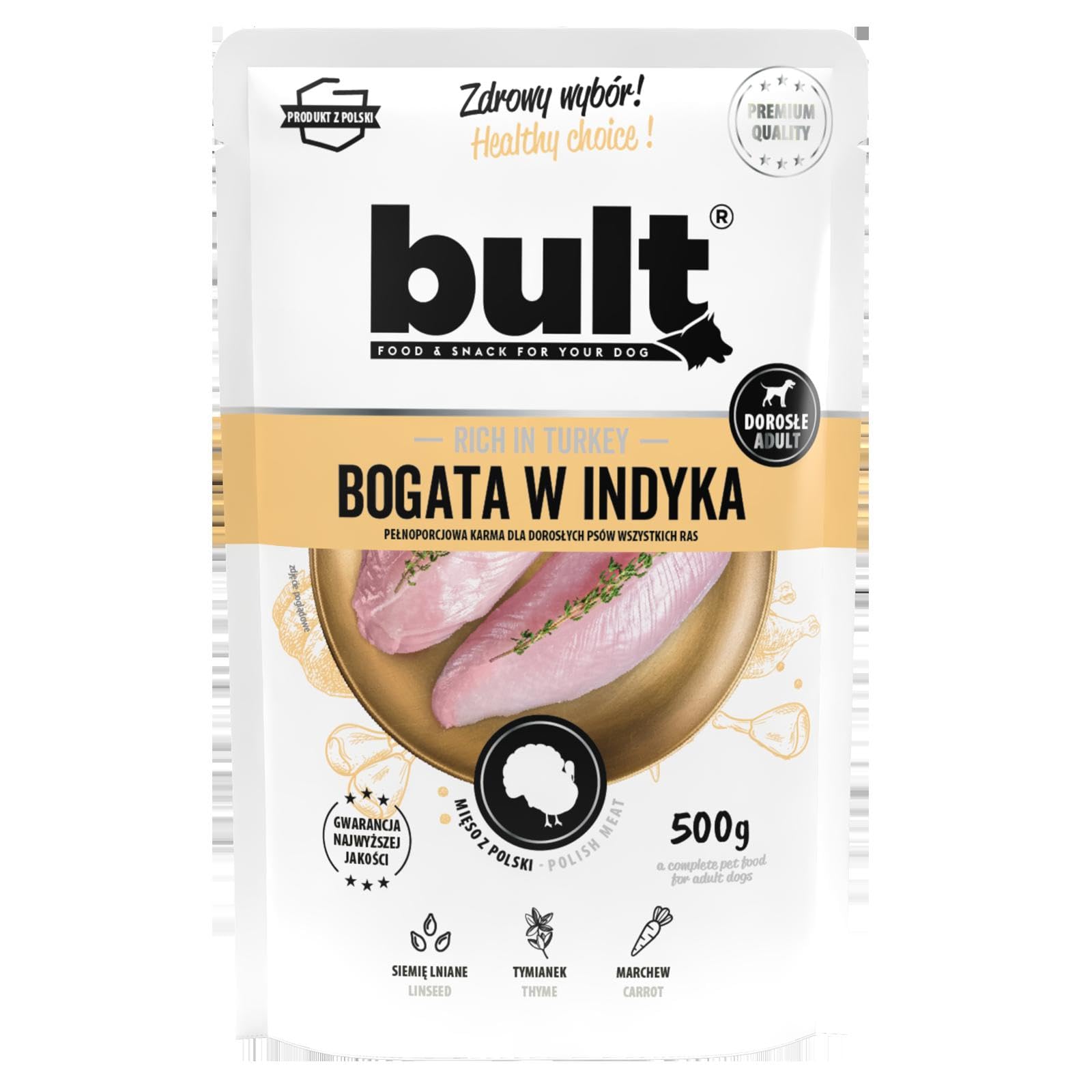 BULT Mokra Karma dla Psa Mix Smaków Dorsz Dziczyzna Indyk Jagnięcina Kaczka Wołowina 500 g dla Dorosłych Mielonka z Olejem z Łososia i Tymiankiem 30 Saszetek