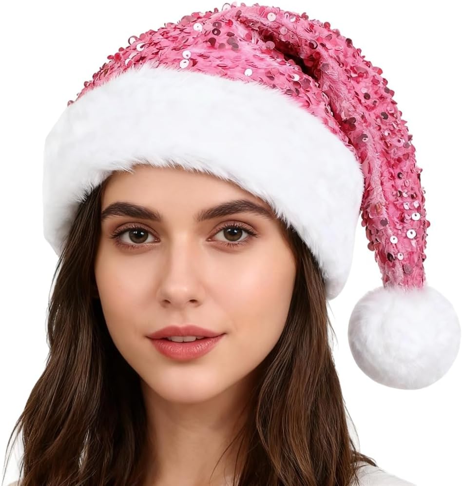 Sequin Santa Hat for Adults Christmas Holiday Party Accessory, Festival Headwear