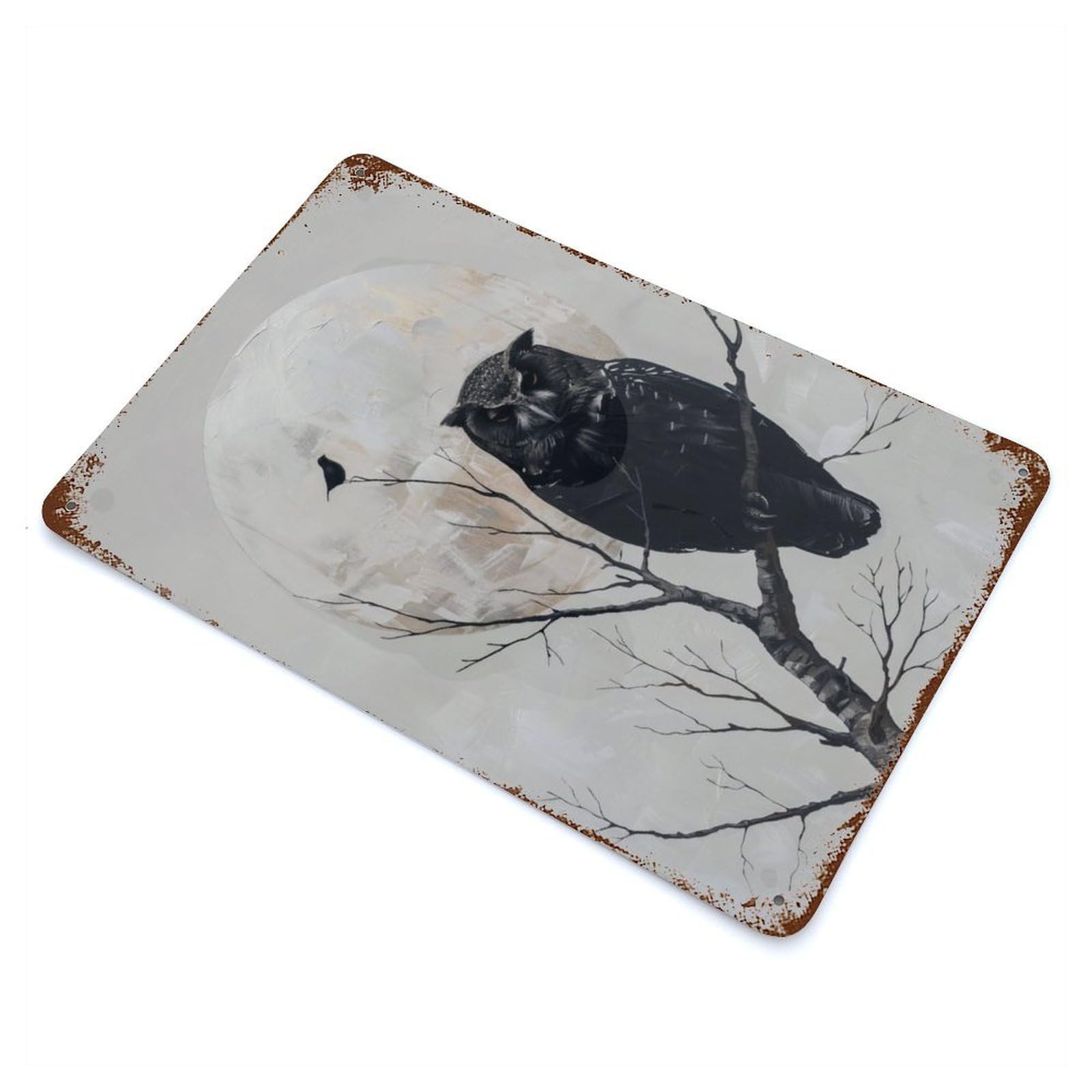 Distressed Metal Wall Sign Owl And Bird on Branch 11.8"x7.9", Retro Wall Decor for Basement, Hobby Room And Garage Decor
