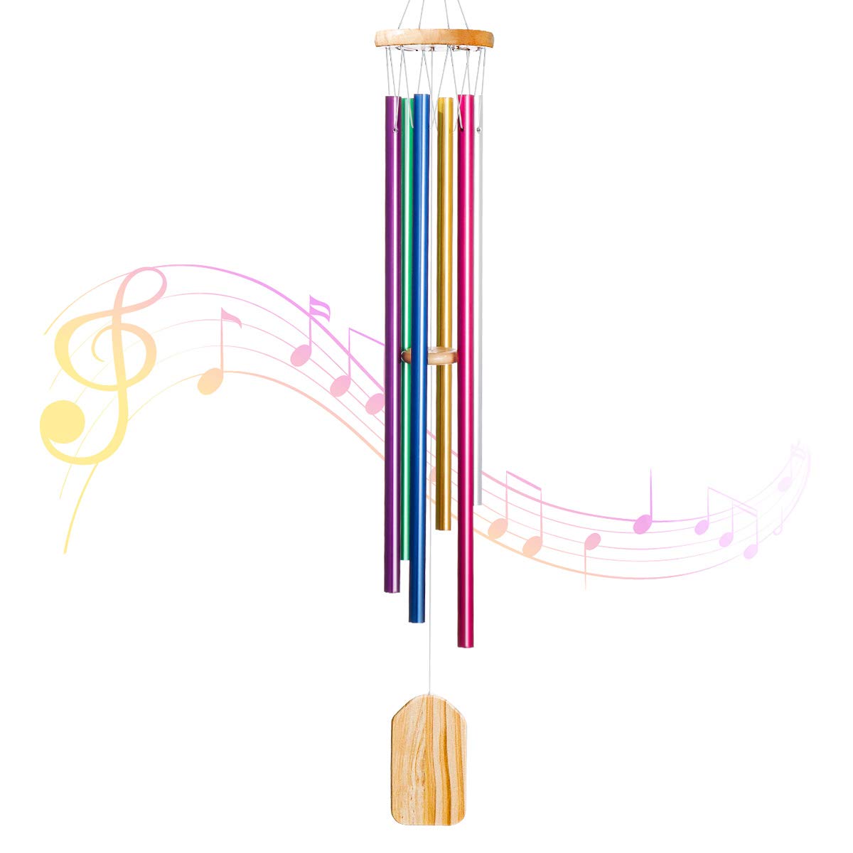 PATHONOR Wind Chimes Outdoor, with 6 Colors Aluminum Tubes Wooden Wind Bell Memorial Wind Chimes, Best Gift Chimes Decor for Garden Patio Outdoor