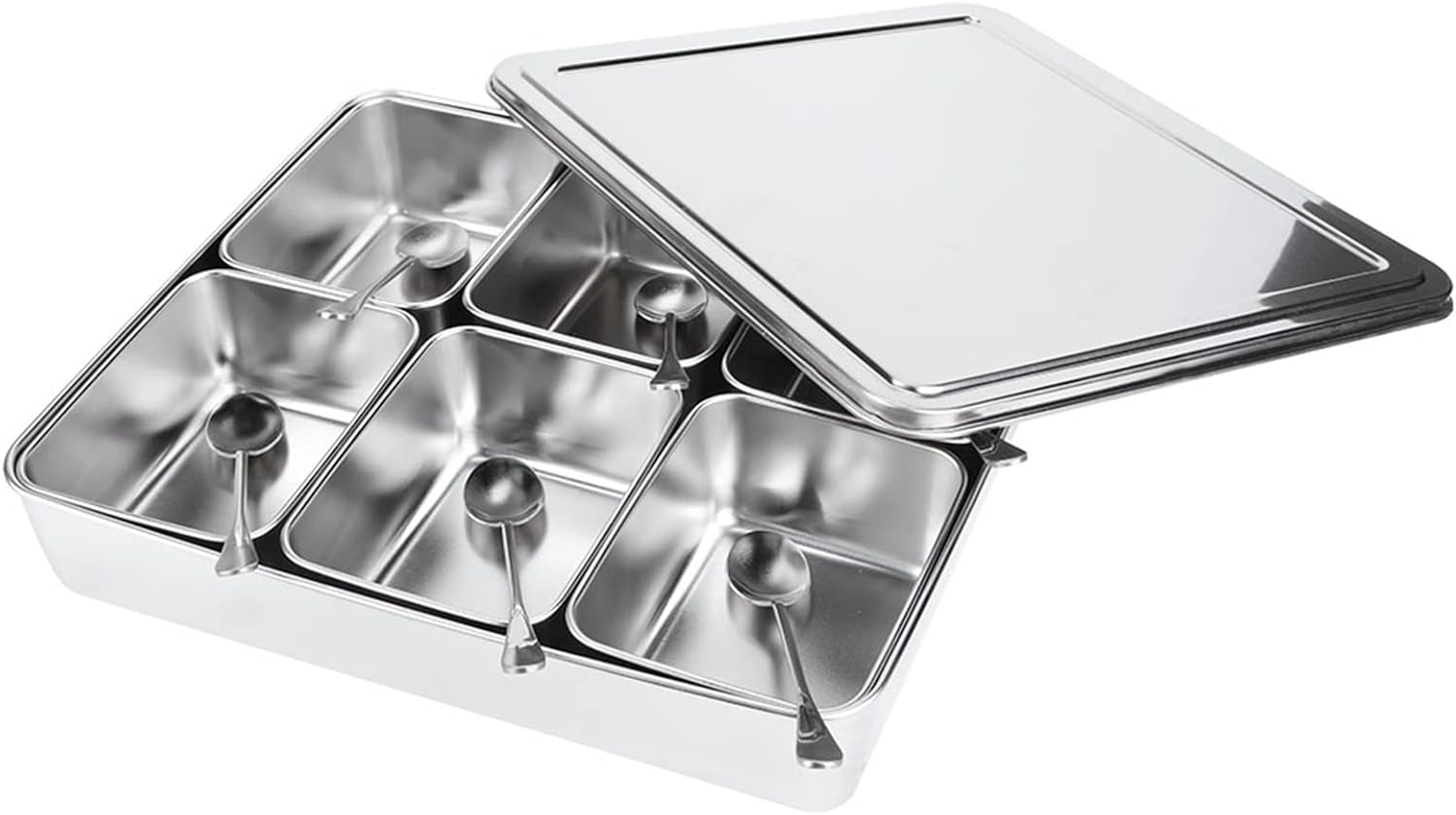 Garosa 6-Grid Stainless Steel Seasoning Box Storage Container Seasoning Dispenser with Detachable Compartments and Spoons for Kitchen Restaurant