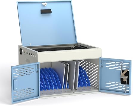 POCHAR 16-Unit Charging Cabinet for Laptops & Tablets | Locking Laptop Storage Box with Cable Management, and Ground Protection for Classroom, Library, and Office, Blue