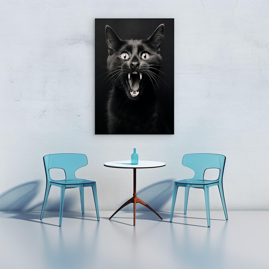 Canvas for Living room. Fierce Whiskers and Menacing Gaze: Unveiling the Thrilling 3D Black Cat Portrait, 27 x 18 inch Canvas Wall Art - Ready to Hang - 69x46 cm (27x18 inch)