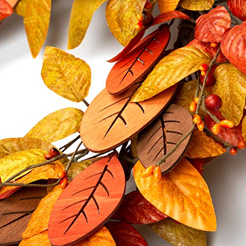18 Inch Fall Wreath Front Door Wreath Fall Decorations With Wood And Silk Autumn Leaves Harvest Festival Decorations For Home #TOP3