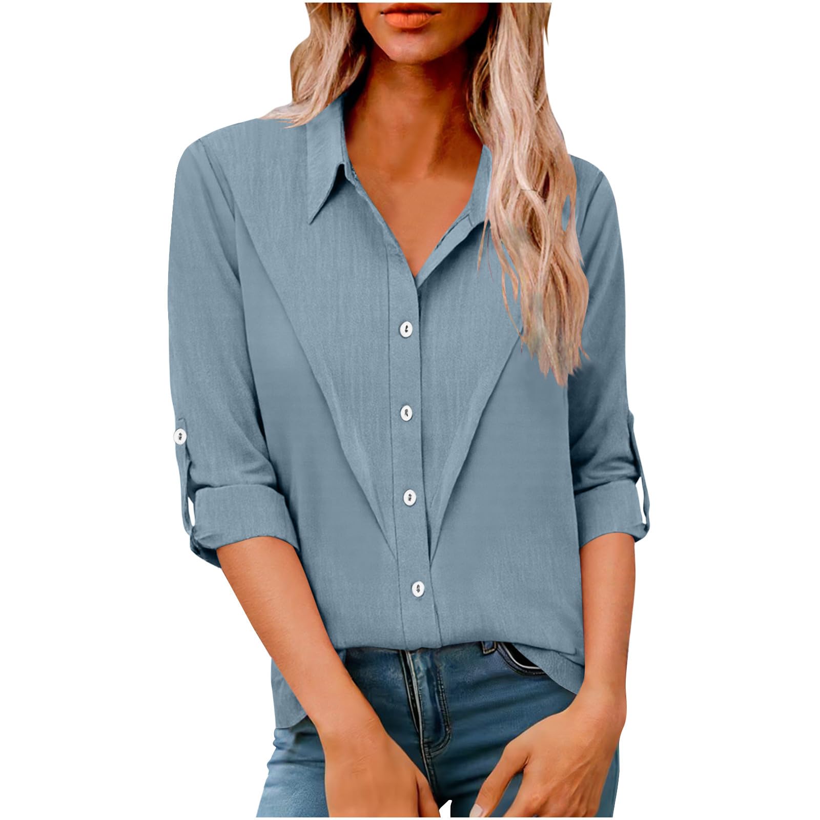 DOLKFU Women Button Down Shirts Long Sleeve Casual Blouses Lightweight Solid Color Gauze T Shirt