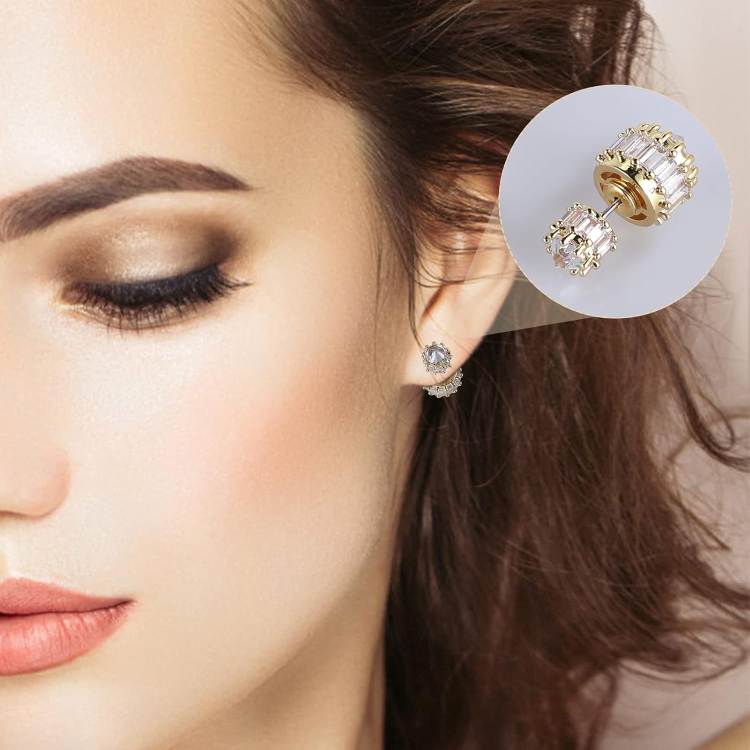 Double Two Sided Cubic Zirconia Stud Earrings for Men Women, Reversible Gold Rhodium Plated Front Back Stud Earrings