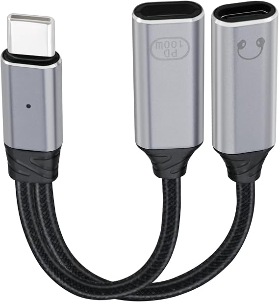 USB C Splitter 1 in 2 Out, Dual USB Type C Adapter - 2 in 1 Charger and Headphone Converter Cord Cable, PD 100W Type-C Male to Dual Female Headphones Splitter Dongle with in-Line Control
