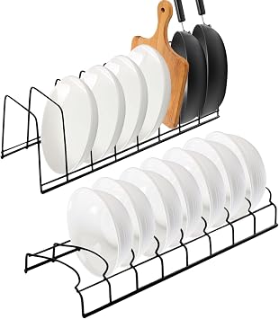 Plate Rack for Cupboard, 2 Pack Bowl and Plate Organiser for Kitchen, Space-Saving Stainless Steel Dish Rack Holder for Pots & Pans, Baking Trays, Cutting Boards, 8 Compartments Black