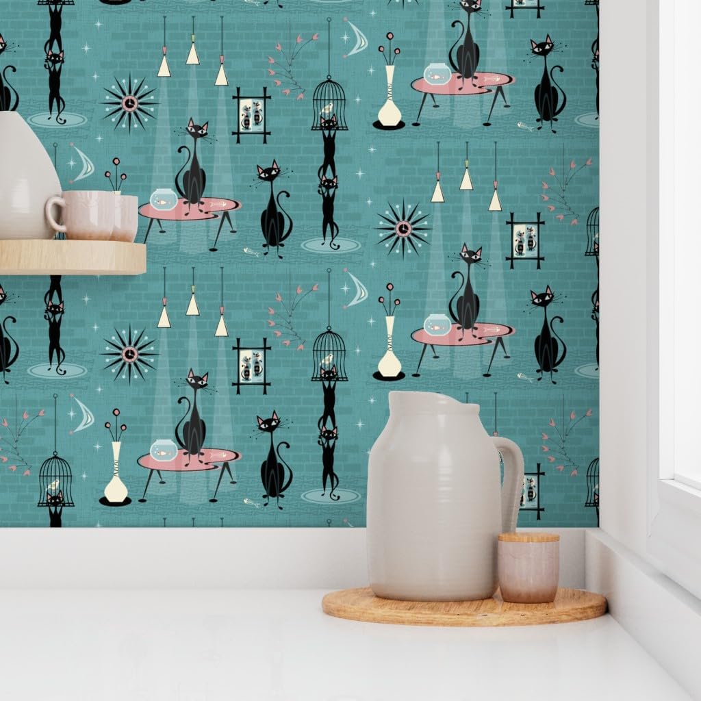Peel & Stick Wallpaper Swatch - Mid Century Kitty Retro Birds Fish Cat Kitten 1950S Cats Custom Removable Wallpaper by Spoonflower
