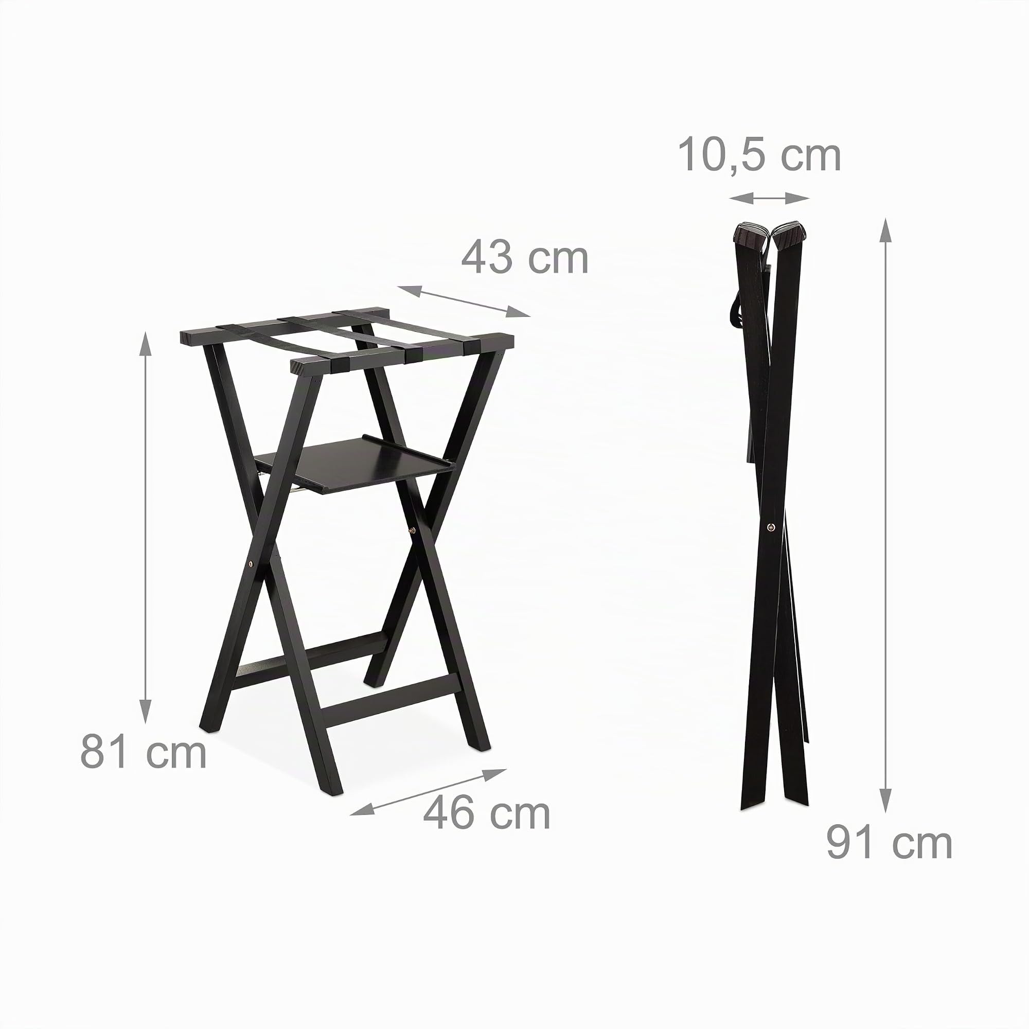 Relaxdays Porte-Bagage, Pliable, Bois de pin, HxLxP: 81x46x43 cm, avec Petite étagère, Support Sac Voyage, hôtel, Noir