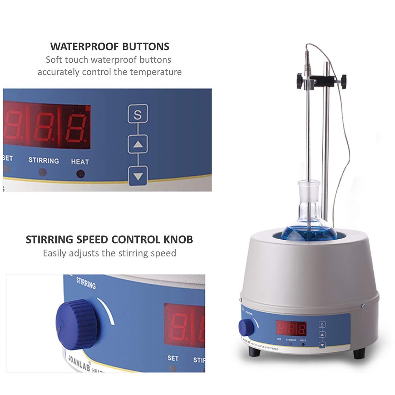 Manto calefactor con agitador magnético, control termostático de 300 °C, velocidad de 0 a 1400 rpm, capacidad de 2000 ml, compatible con matraz de fondo redondo, incluye sonda de temperatura