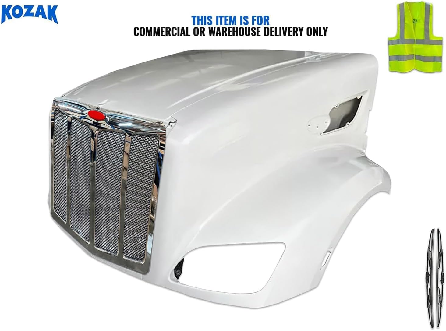 KOZAK Fiberglass Long Hood Modified Style w/Front Grille with Bug Screen Compatible with Peterbilt 579 2014-2022 Includes Logo, 2X 22 Windshield Wipers, and Reflective Vest