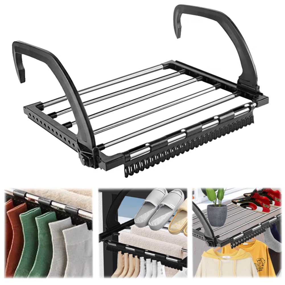 ADERTOS Tendedero para Balcón Barandilla, Tendedero Plegable para Interiores o Exteriores, Tendedero Retráctil de Pared, Tendedero de Ropa Extensible para Colgar Calcetines Ropa (40 * 32 * 20cm)
