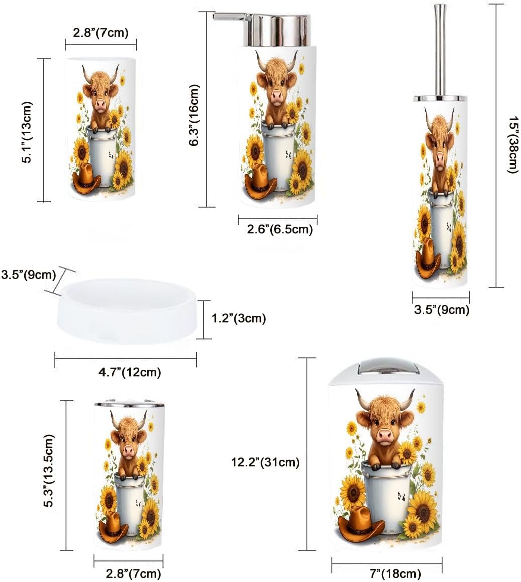 Bathroom Accessories Set 6 Pcs Rustic Farmhouse Highland Cow Sunflower Bathroom Decor Sunflowers Toothbrush Holder Cup Soap Dispenser Soap Dish Toilet Brush Holder Trash Can for Countertop Decor