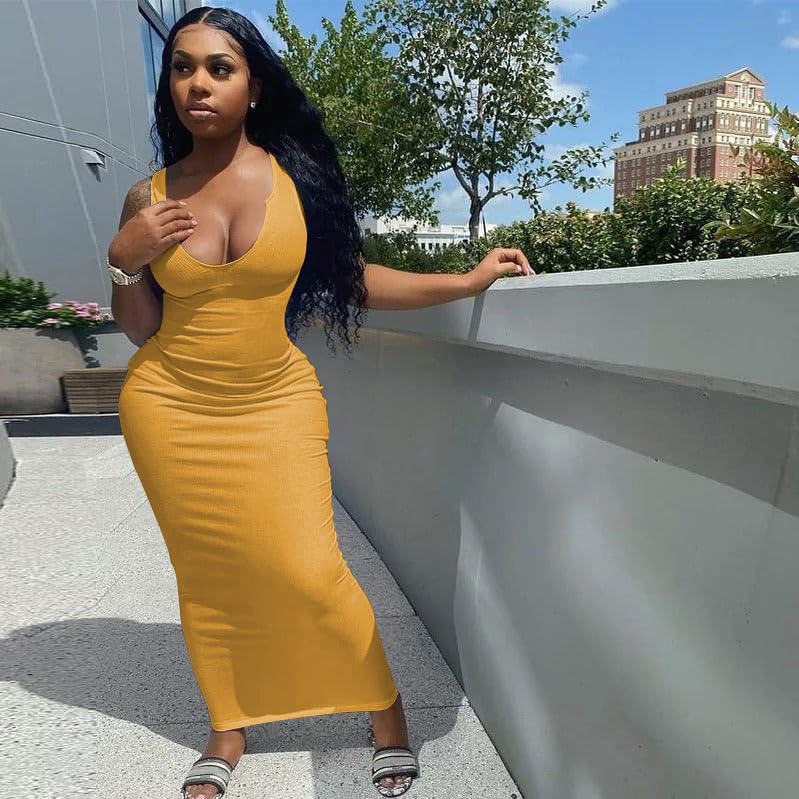 Image of Nimsruc Women Casual Sexy Deep U Neck Tank Top Bodycon Dress Summer Sleeveless Wrap Long Basic Party Club Maxi Dresses