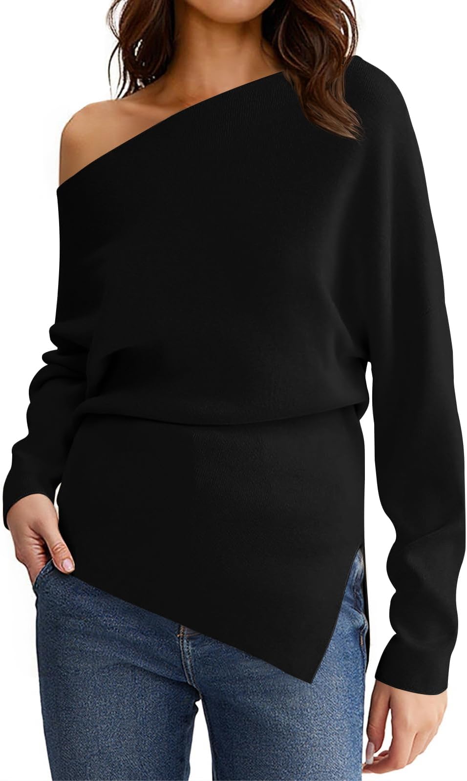 Womens Off One Shoulder Sweaters Long Sleeve 2025 Casual Fall Pullover Knit Tops