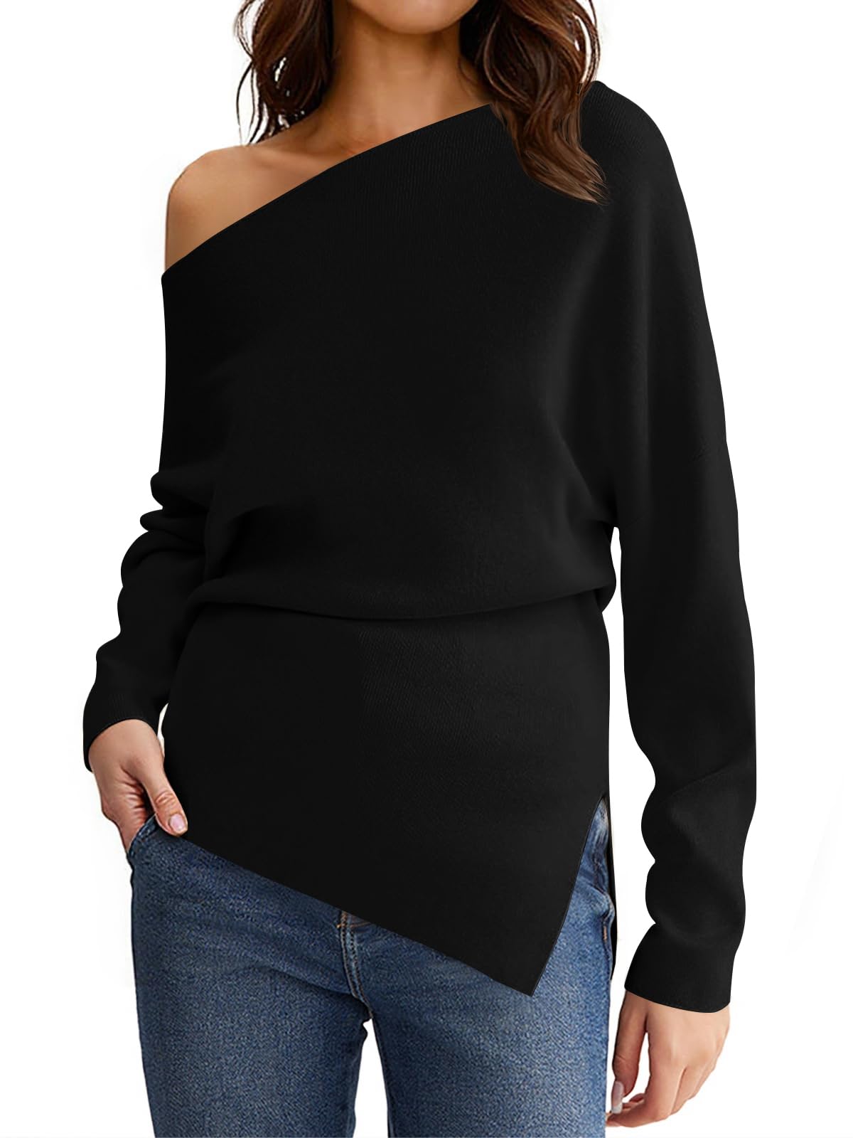 Womens Off One Shoulder Sweaters Long Sleeve 2025 Casual Fall Pullover Knit Tops