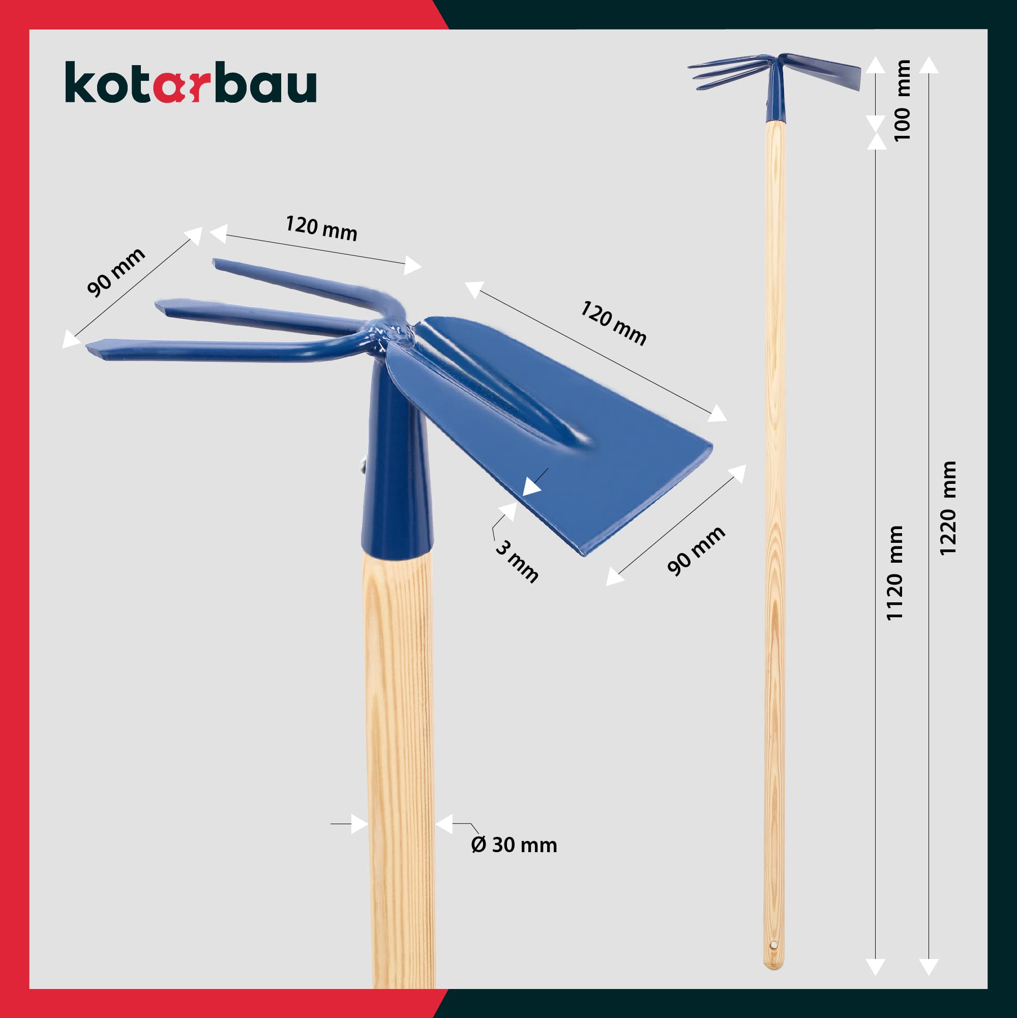KOTARBAU® Serfouette en Métal Râteau avec Houe Double Binette à 3 Dents avec Manche en Bois 122 cm Outil de Jardinage Accessoire de Jardinage Accessoires de Plantation
