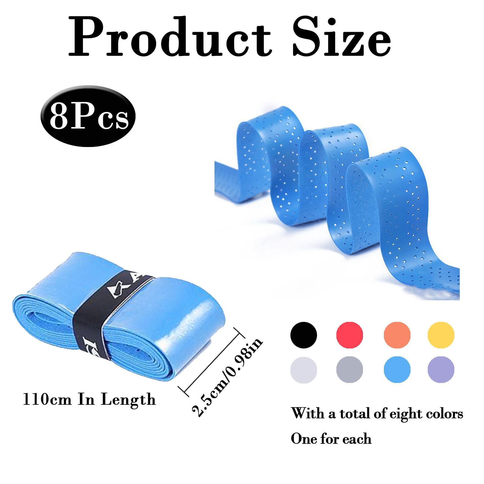 8 Pcs Badminton Racket Grip, Tennis Racket Grip Tape Badminton Racket Grip Tape, Breathable Perforated Grips, Replacement Grip Tape Squash Grips for Tennis Racket,Badminton (8 clolors, 2.5 x 110cm) - Image 2