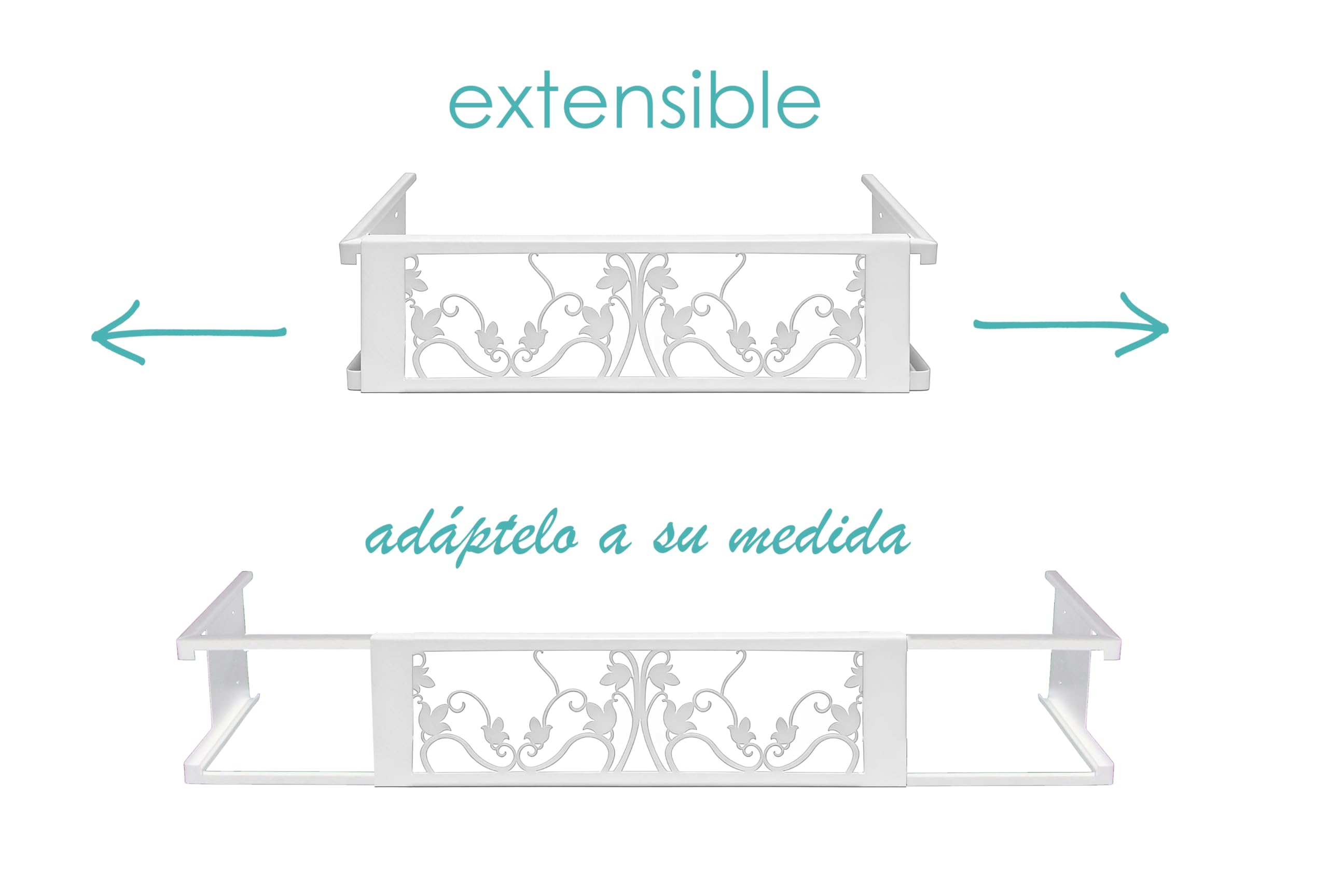 Balconcillo para Macetas, Balconcillo para Plantas, Portamacetas Ventana, Protector de macetas, Modelo Floral Extensible 60-100 cm, Blanco